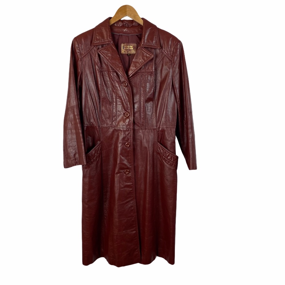 Classic Burgundy Leather Long Coat - Women